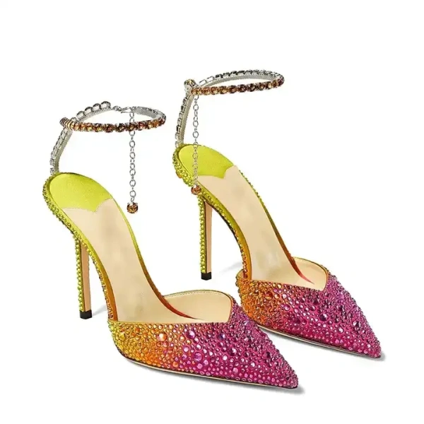 2025 Luxury Quality Women's Gradient Design High Heels Chain Top Sandals Fashionable Full Crystal Diamond Sexy Pointed Shoes - Image 6