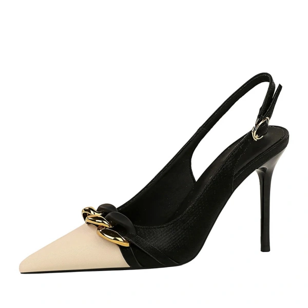 Banquet Wedding Date Side Empty Thin Heel Pointed Toe Color Blocked Strap Super High Heels Metal Buckle Chain Fashion for Women - Image 2