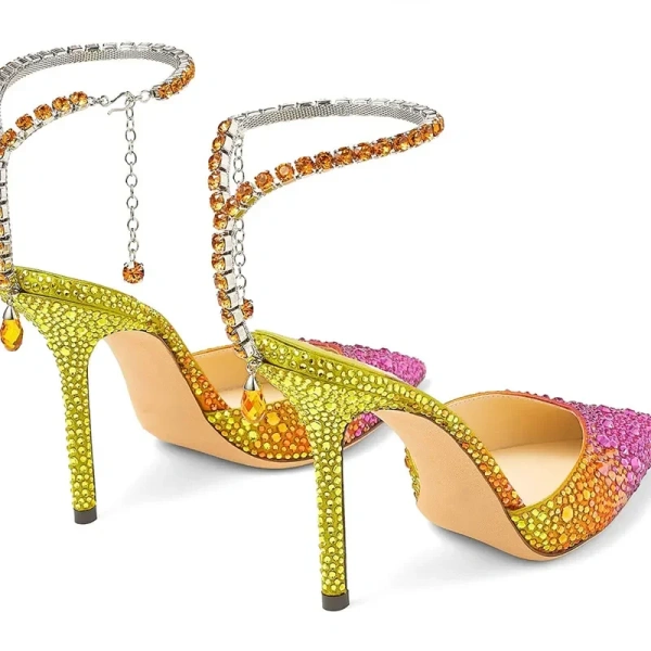 2025 Luxury Quality Women's Gradient Design High Heels Chain Top Sandals Fashionable Full Crystal Diamond Sexy Pointed Shoes - Image 5