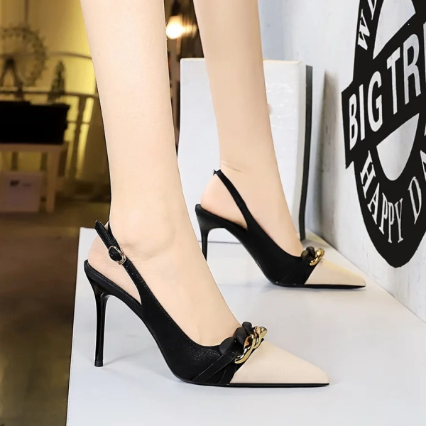 Banquet Wedding Date Side Empty Thin Heel Pointed Toe Color Blocked Strap Super High Heels Metal Buckle Chain Fashion for Women - Image 5
