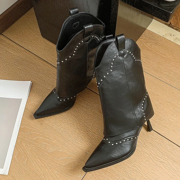 2025 New Fashionable Sexy Spicy Girl Rivet High High-heeled Middle Tube Boot Sharp Pointed Thin Heeled Western Cowboy Boot - Image 6