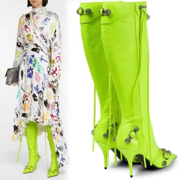 2025  Pointed Thin Heel Supers High Heel Side Zipper Rivet High Canister Boot Tassel Belt Buckle Not Knee High Motorcycle Boot - Image 5