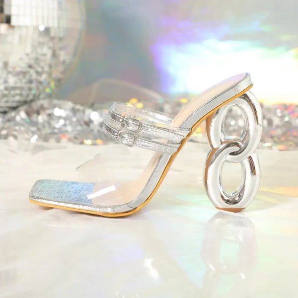 42 Silver 8-Shaped Alien Heel Exotic Square Open High Heels Light Weight Buckle Strap for Winter Summer Birthday Parties 2025