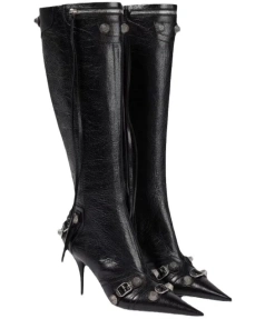 2025  Pointed Thin Heel Supers High Heel Side Zipper Rivet High Canister Boot Tassel Belt Buckle Not Knee High Motorcycle Boot