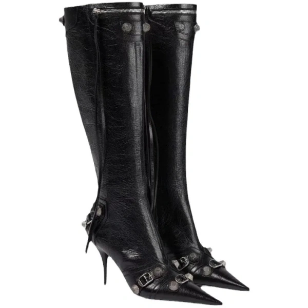 2025  Pointed Thin Heel Supers High Heel Side Zipper Rivet High Canister Boot Tassel Belt Buckle Not Knee High Motorcycle Boot