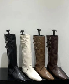 Autumn Winter 2025 Fashionable High Heeled Tall Boots Zip Closure New Belt Buckle Pointed Toe Inner Height Removable Boot Tube