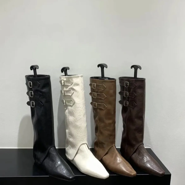Autumn Winter 2025 Fashionable High Heeled Tall Boots Zip Closure New Belt Buckle Pointed Toe Inner Height Removable Boot Tube