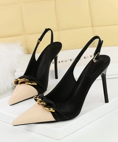 Banquet Wedding Date Side Empty Thin Heel Pointed Toe Color Blocked Strap Super High Heels Metal Buckle Chain Fashion for Women