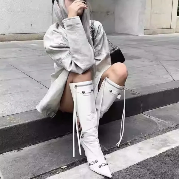 2025  Pointed Thin Heel Supers High Heel Side Zipper Rivet High Canister Boot Tassel Belt Buckle Not Knee High Motorcycle Boot - Image 6