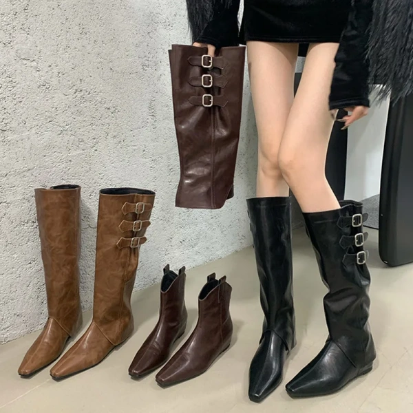 Autumn Winter 2025 Fashionable High Heeled Tall Boots Zip Closure New Belt Buckle Pointed Toe Inner Height Removable Boot Tube - Image 6