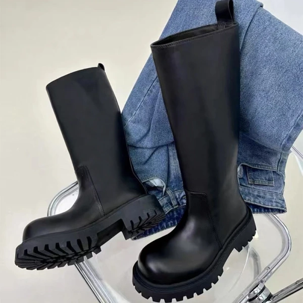 2025 Winter New Fashion Simple Leisure Long Canister Knight Boot Not Over the Knee Thick Bottom Really Leather High Boot - Image 5