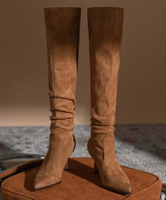 2025 Winter New Warm Add Velvet High Canister Boot Suede Fine High-heeled Long Canister Boot Fashion Simple Women's Long Boot