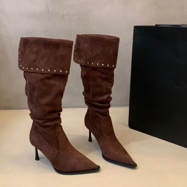 2025 New Fashions Personality Rivets High-heeled Knight Boot Soft Comfortable Women's Boot Pointed Fine High-heeled Long Boot - Image 2