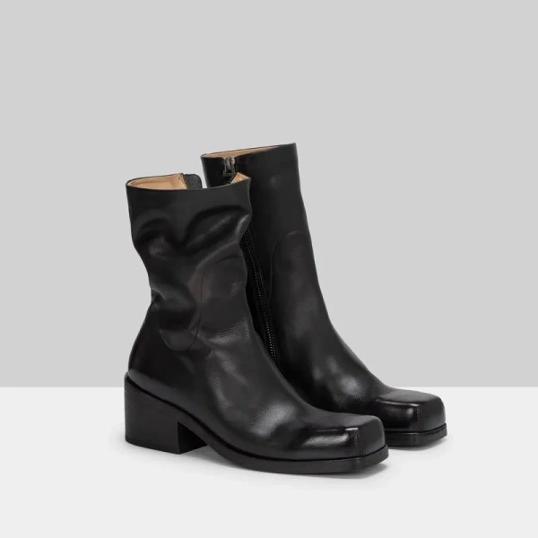 2025 Fashion New Simple Personality square Head Chunky Heel Mid-calf Boots Fashion Retro Really Leather Side Zipper Knight Boots