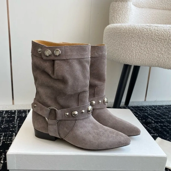 2024New Retro Rivet Wide Tube Western Cowboy Boots Pointed, Slim and Short Boots Short Tube Stacking Boots for Women Flat Bottom - Image 3