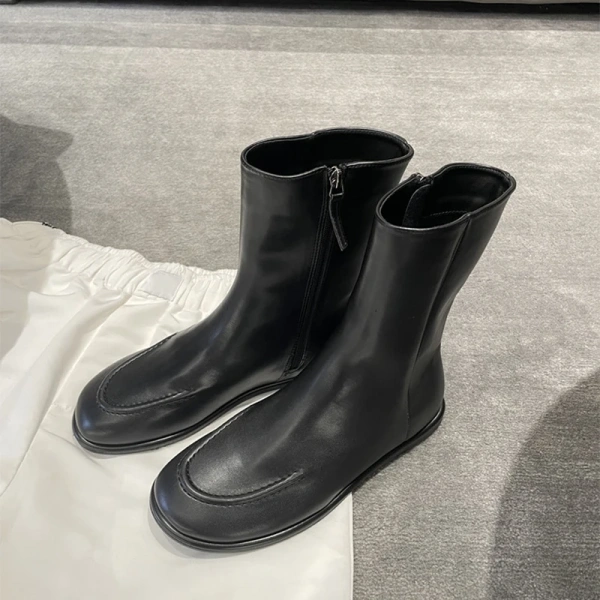 2025 Fall Winter New Fashion Retro Side Zipper Middle Tube Boot Soft and Comfortable Flat Bottomed Genuine Leather Short Boot - Image 5