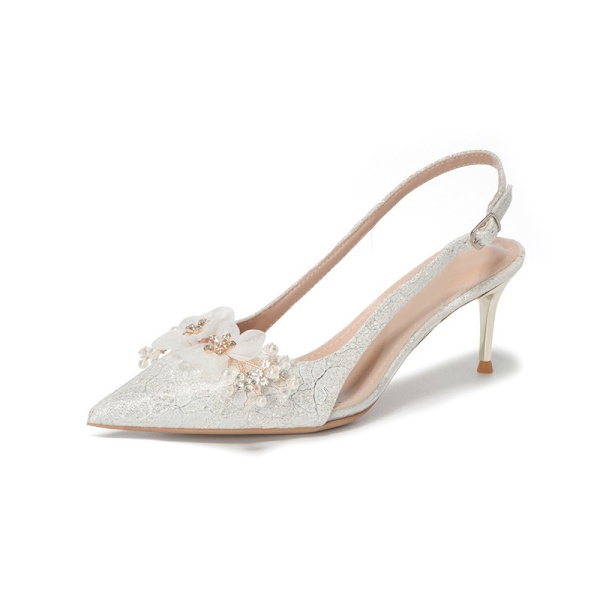2025 New French White Flower Wedding Shoes for Women, Pointed Stiletto High Heels, Fashionable Baotou Summer Women's Sandals