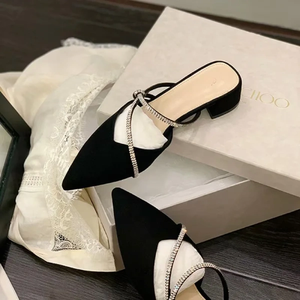 Grape Mother with the New French Elegant Pointed Sandals Rhinestone Thick Heel High Heel Half Sandals and slippers Women. - Image 6