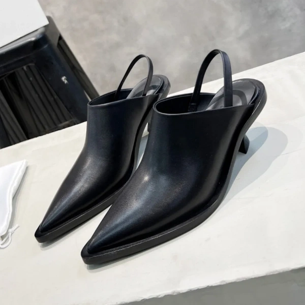2025 French Pointed HeelClosed Toe Half SlippersCat Heel Flat LeatherBlack Fashion OutwearSandals - Image 2