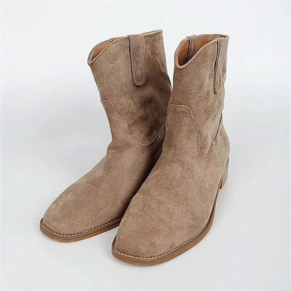 2025 Fashionable Retro Leather Wear-resistant Short Boot, Simple and Personalized Casual Round Toe Wide Tube Denim Boot