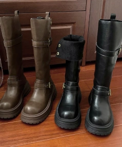 2024Autumn Winter New Fashionable Fold Two Dressed Long Canister Boot Coarse Following Round Toe Thick Bottom Not Knee Long Boot