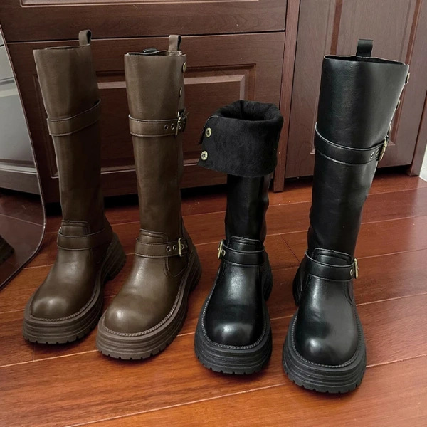 2024Autumn Winter New Fashionable Fold Two Dressed Long Canister Boot Coarse Following Round Toe Thick Bottom Not Knee Long Boot