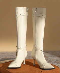 2025 New Fashionable Personalized Rivet Rivet Belt Buckle Stiletto High Heels Long Boot Soft Comfortable Cowboy Boot High Boot