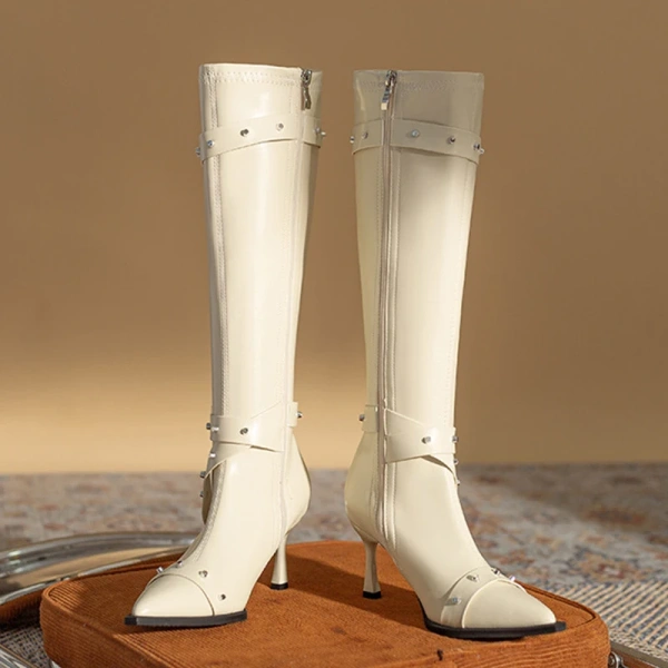 2025 New Fashionable Personalized Rivet Rivet Belt Buckle Stiletto High Heels Long Boot Soft Comfortable Cowboy Boot High Boot