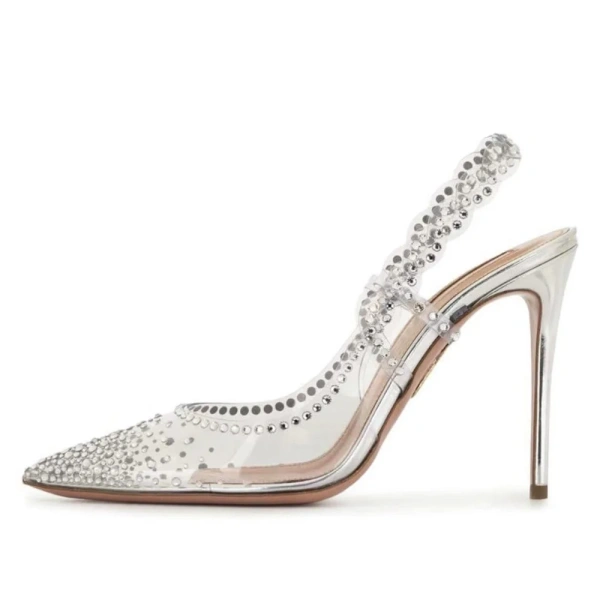 New European and American Fashion Luxury Water Diamond Pointed Shallow Mouth High Heels Baotou One Word Strap Fine Heels Sandals