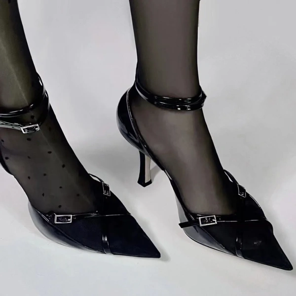 2025 Summer New Fashionable Sexy Black Mesh Gauze Pointed Hollow Fine Heels Versatile Metal One Piece Buckle with High Heels - Image 5