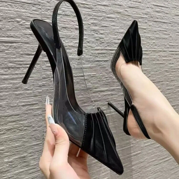 2025 Summer High Heeled Women's European American Style Sandals Transparent Straight Strap Pleated French Toes Back Position - Image 6
