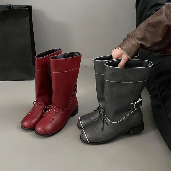 2025 New Fashion Bow Sweet Temperament Round Head Mid-calf Boots Soft and Comfortable Retro Wide Tube Fashion Boot - Image 4