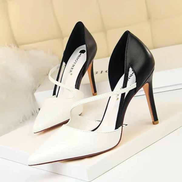Fashion High-heeled Shoes Women's Shallow-mouth Pointed Color Matching Hollow One Word with Single Shoes.