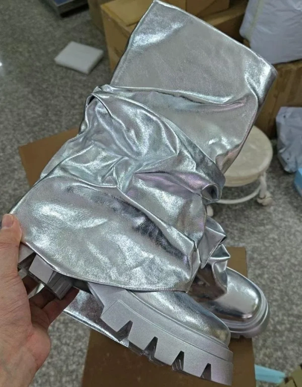 2025 Autumn Women Botas Round Toe Mid-Calf Silver Gold Thick Bottom Trouser Legs Mujer Platform Boots - Image 5