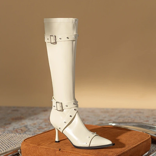 2025 New Fashionable Personalized Rivet Rivet Belt Buckle Stiletto High Heels Long Boot Soft Comfortable Cowboy Boot High Boot - Image 3