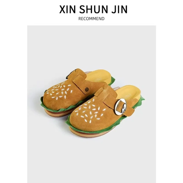 Leather Hamburg Birken Shoes, Thick Soles, Full Baotou Semi-slippers, Lazy People, One Pedal, Men and Women Wearing tide Bo. - Image 2