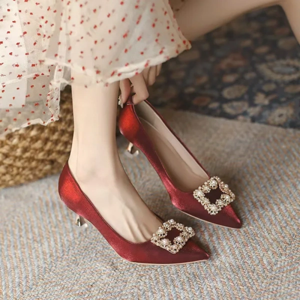 He Xiu Women's Red Wedding High Heels Slip-On Pointed Spring Autumn Bride Shoes-Not Tired of Wearing for Weddings - Image 5