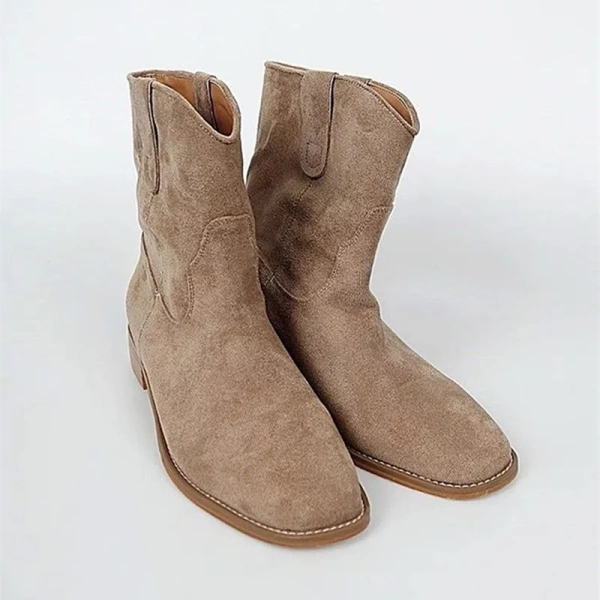 2025 Fashionable Retro Leather Wear-resistant Short Boot, Simple and Personalized Casual Round Toe Wide Tube Denim Boot - Image 4