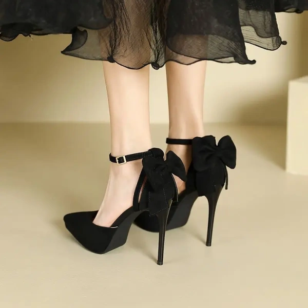 2025 Summer New Fashionable Bow Simple Strap Heels Sexy Pointed Hollow Sandals Party Banquet Style Outdoor Women's High Heels - Image 2