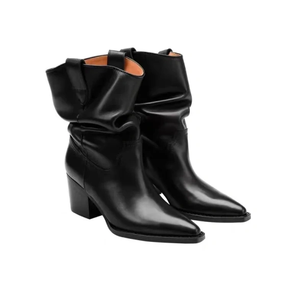 2025 Fall and Winter New Fashion Simple Cowboy Boot Brown Pointed Toe Coarse Following Mid Calf Short Canister Boot - Image 5