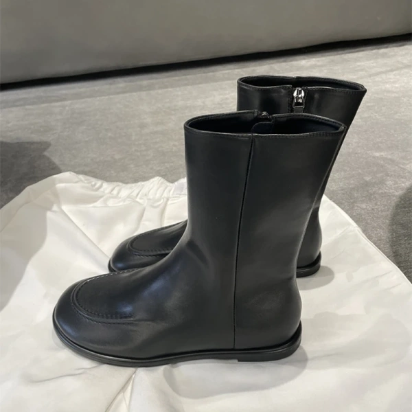 2025 Fall Winter New Fashion Retro Side Zipper Middle Tube Boot Soft and Comfortable Flat Bottomed Genuine Leather Short Boot - Image 3