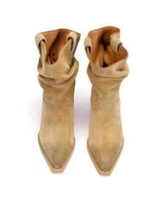 2025 Fall and Winter New Fashion Simple Cowboy Boot Brown Pointed Toe Coarse Following Mid Calf Short Canister Boot