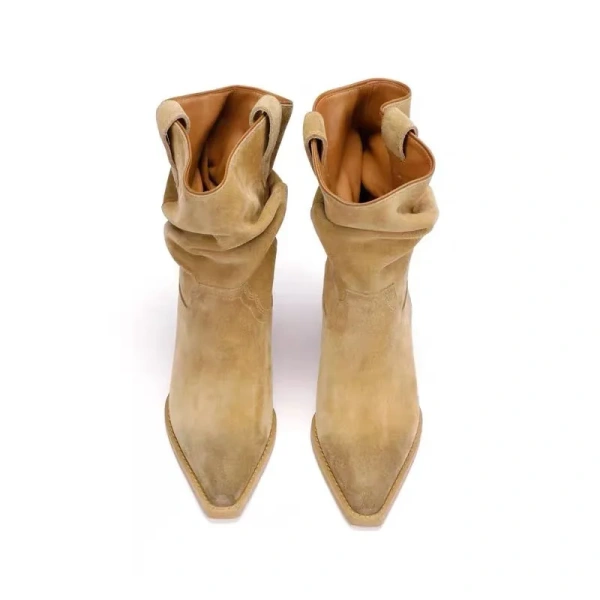 2025 Fall and Winter New Fashion Simple Cowboy Boot Brown Pointed Toe Coarse Following Mid Calf Short Canister Boot
