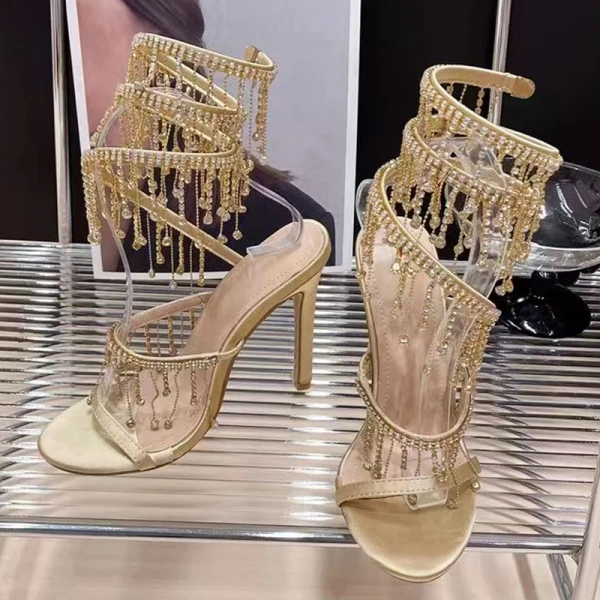Handmade Rhinestone Stiletto Shoes Rhinestone Chain High-heeled Sandals 35-42 - Image 3