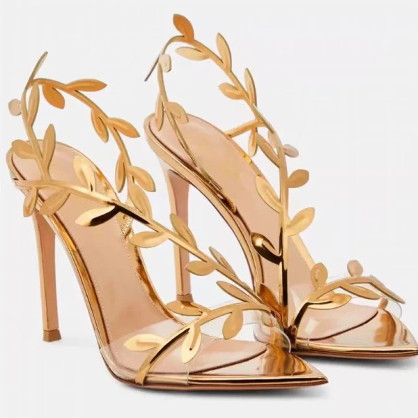 New Fashionable Elegant Temperament Gold High Heels Metal Patent Leather Leaf Thin Heels Pointed Toe Sandals with Exposed Toes - Image 2