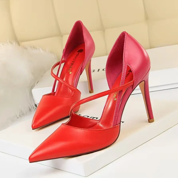 Fashion High-heeled Shoes Women's Shallow-mouth Pointed Color Matching Hollow One Word with Single Shoes. - Image 6