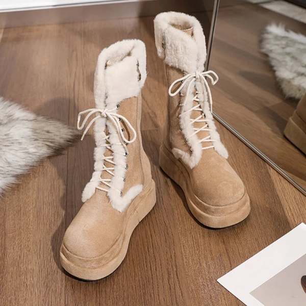 2025 New Round Head Middle Tube Lace-up Boot Skin Hair Integrated Snow Boot Thickened Plus Velvet Warm Mid-calf Knight Boot - Image 6