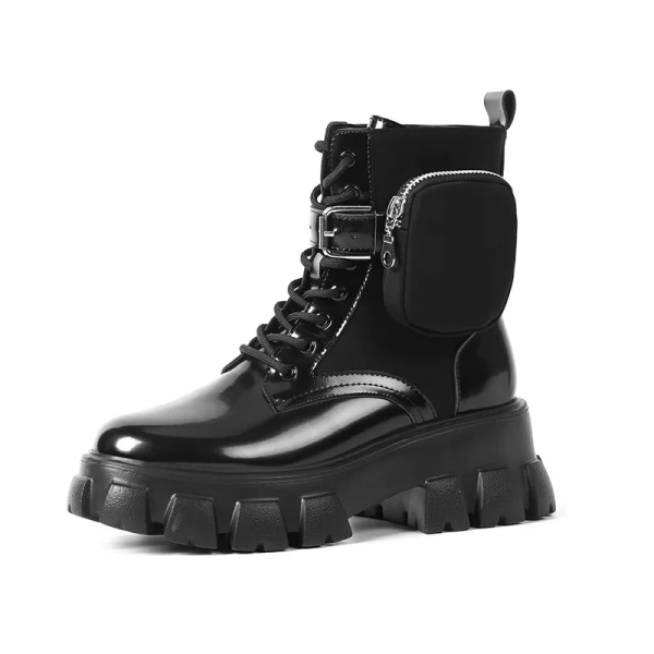 2025 Winter British Style Motorcycle Boots Waterproof New Patent Leather Pocket Bag Short Boots Lace Thick Soled Sponge Shoes - Image 3