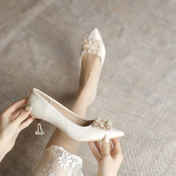 He Xiu Women's Red Wedding High Heels Slip-On Pointed Spring Autumn Bride Shoes-Not Tired of Wearing for Weddings - Image 3