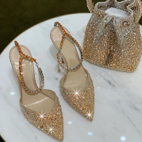 2025 Luxury Quality Women's Gradient Design High Heels Chain Top Sandals Fashionable Full Crystal Diamond Sexy Pointed Shoes - Image 3